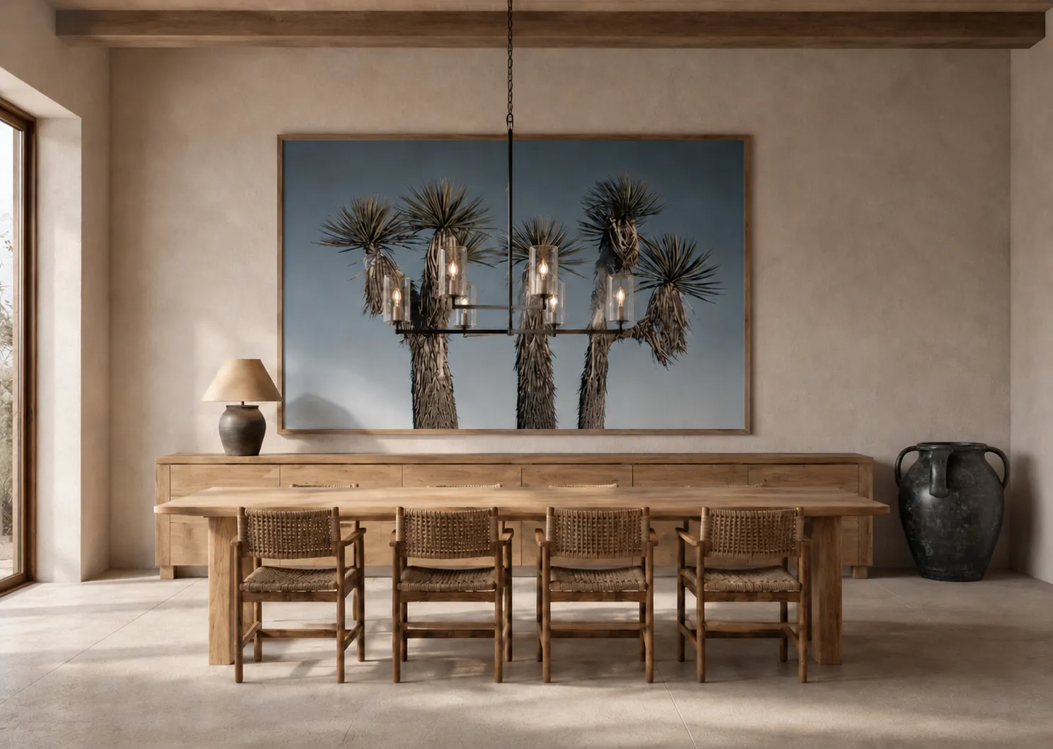 Open-plan rental interior with a consistent designed look, styled for a listing shoot