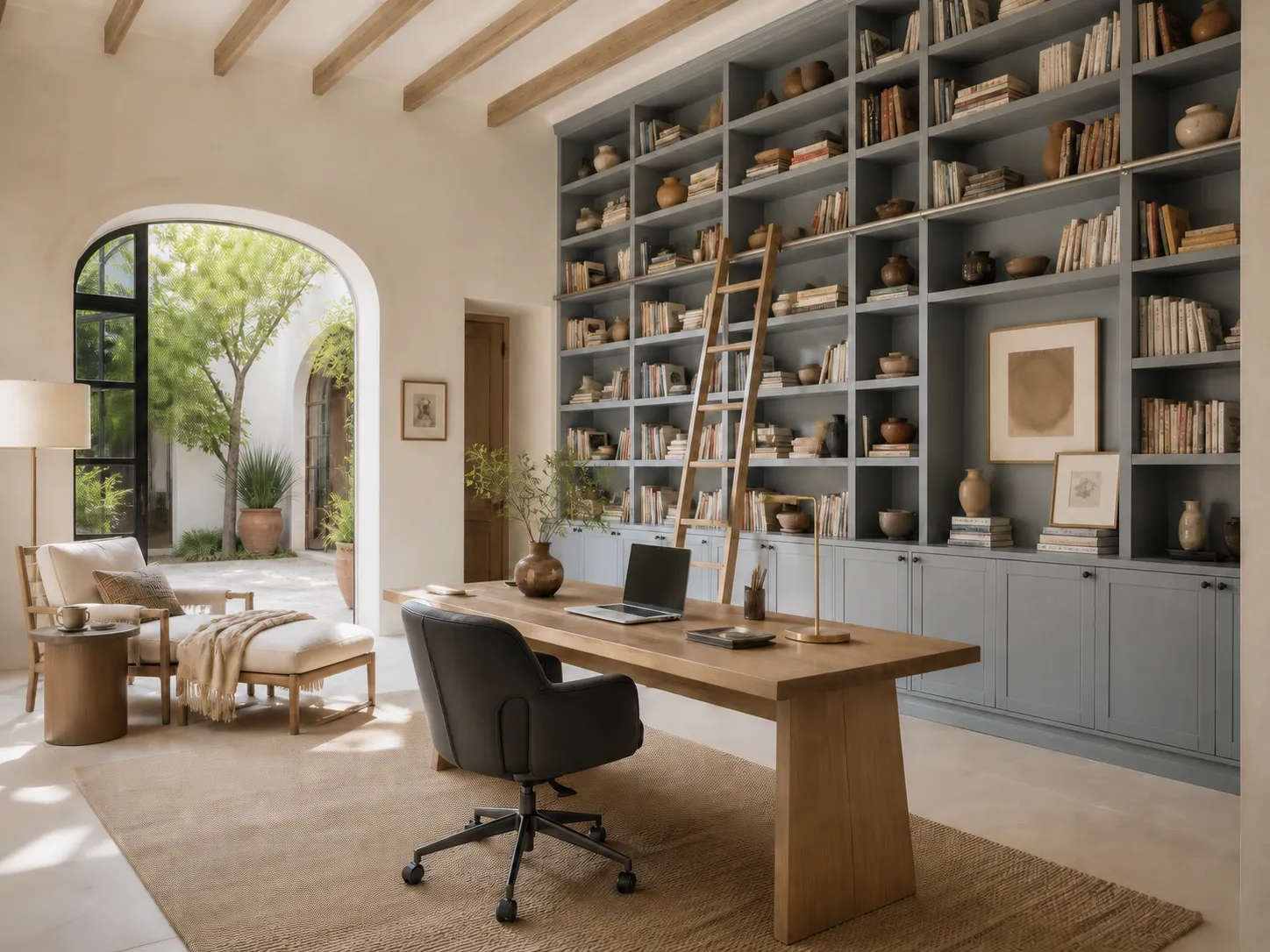 Calm home office with a wooden desk facing a courtyard window in a colonial house