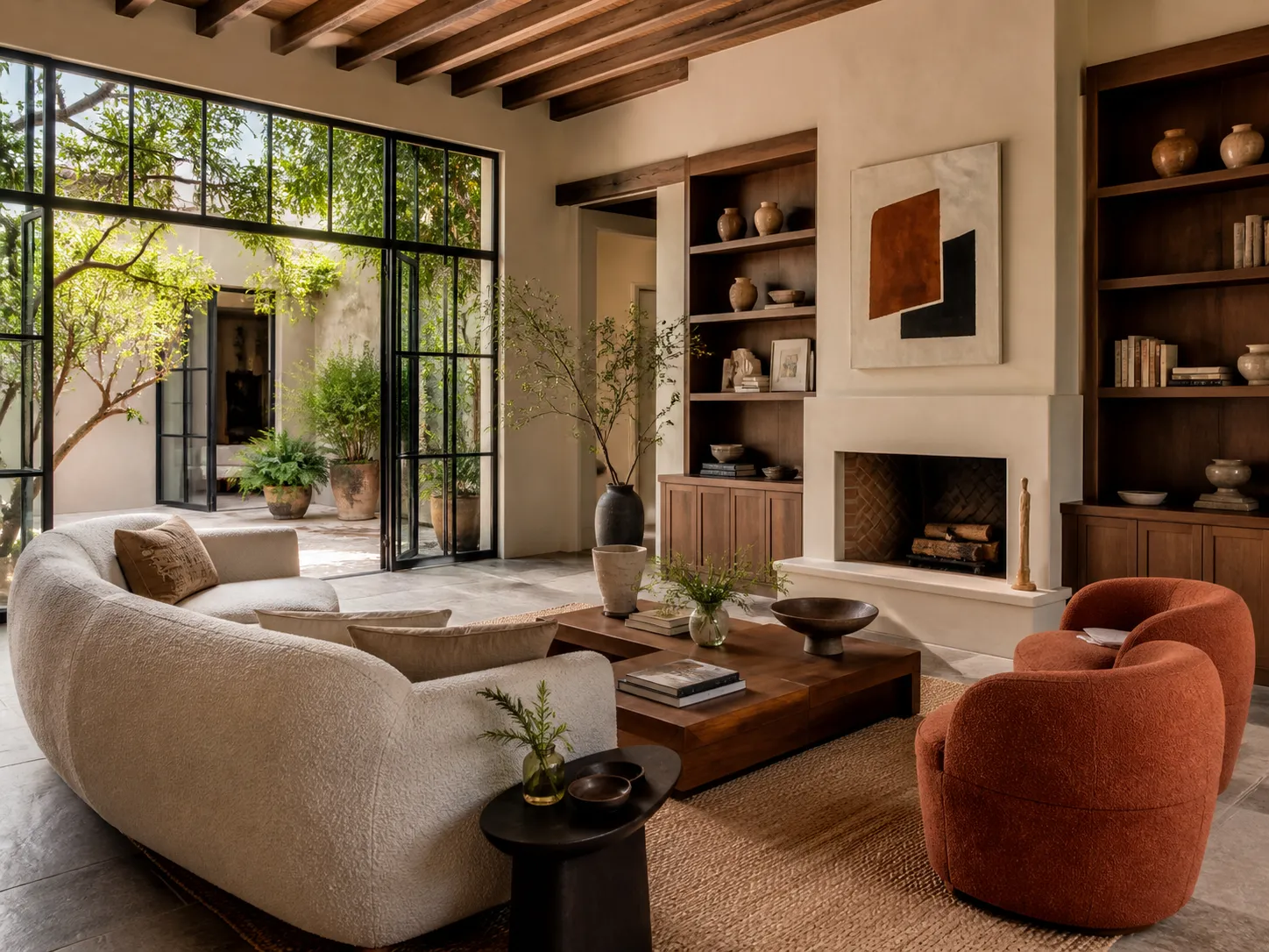 Serene reading corner with an armchair, soft throw, and garden view through French doors in morning light