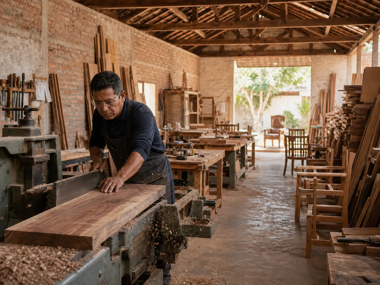 Artisan woodworking workshop with a carved chair in progress on the workbench