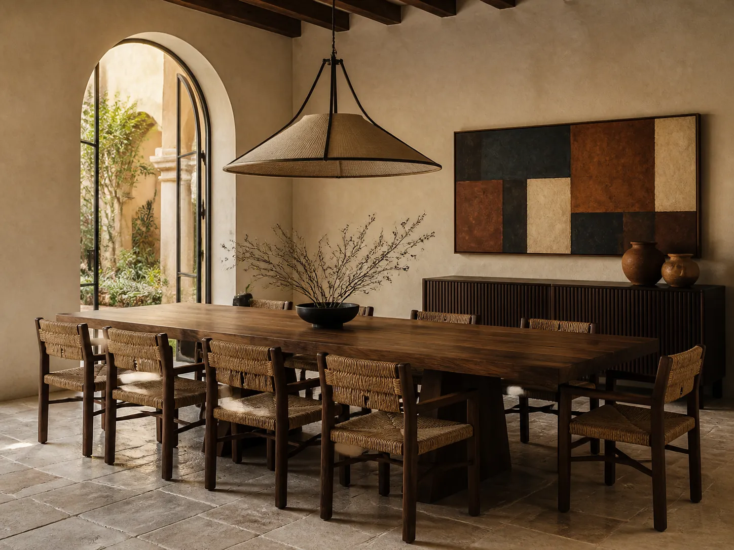 Gallery-like great room with a large handwoven tapestry and sculptural carved wood console