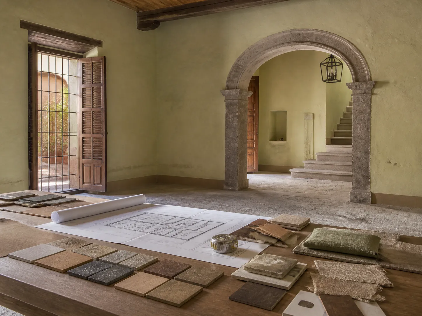 Empty room in a San Miguel colonial house with tall beamed ceilings and afternoon light on terracotta tile