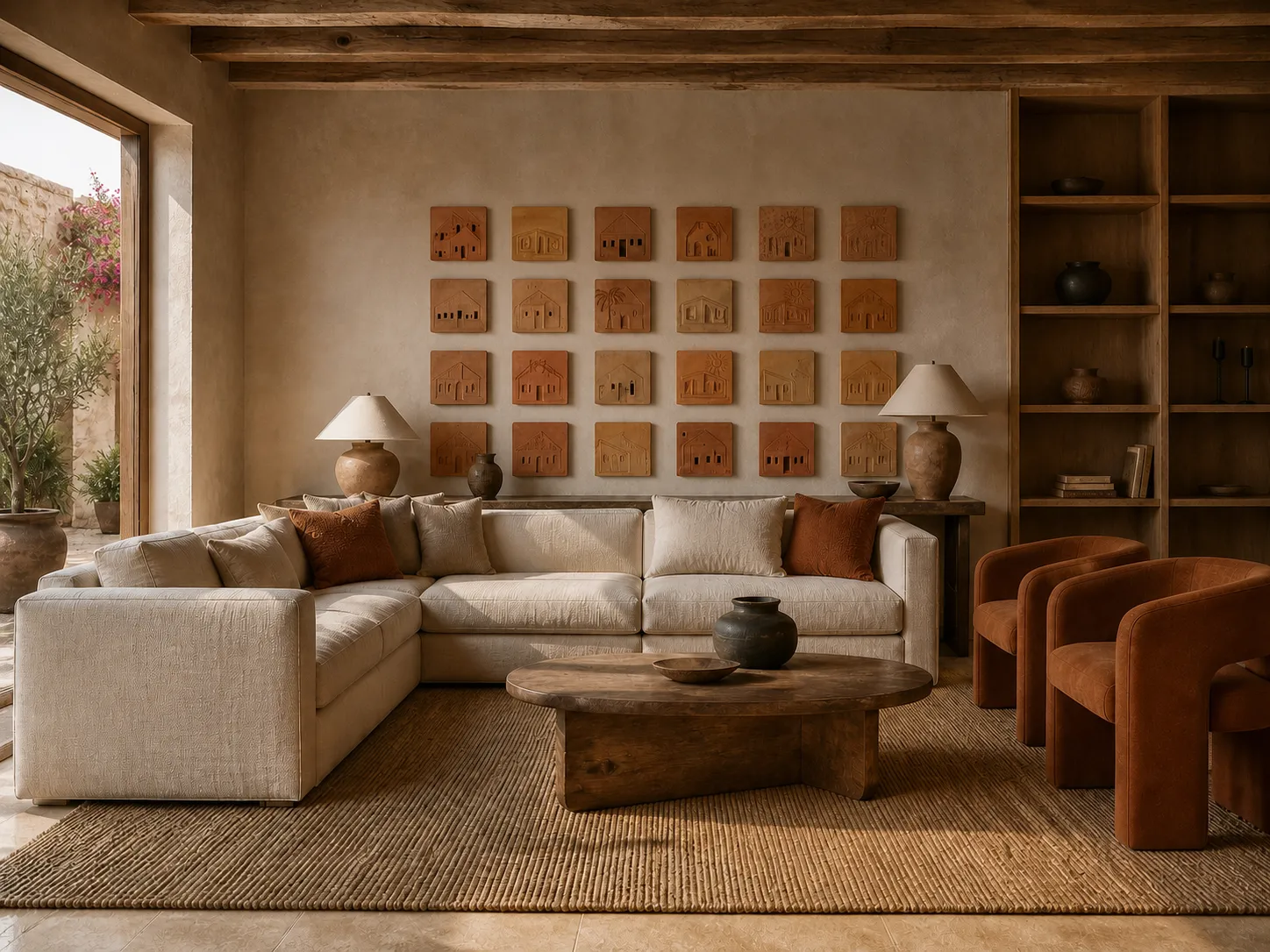 Layered living room with custom armchairs and styled bookshelves in a San Miguel colonial home