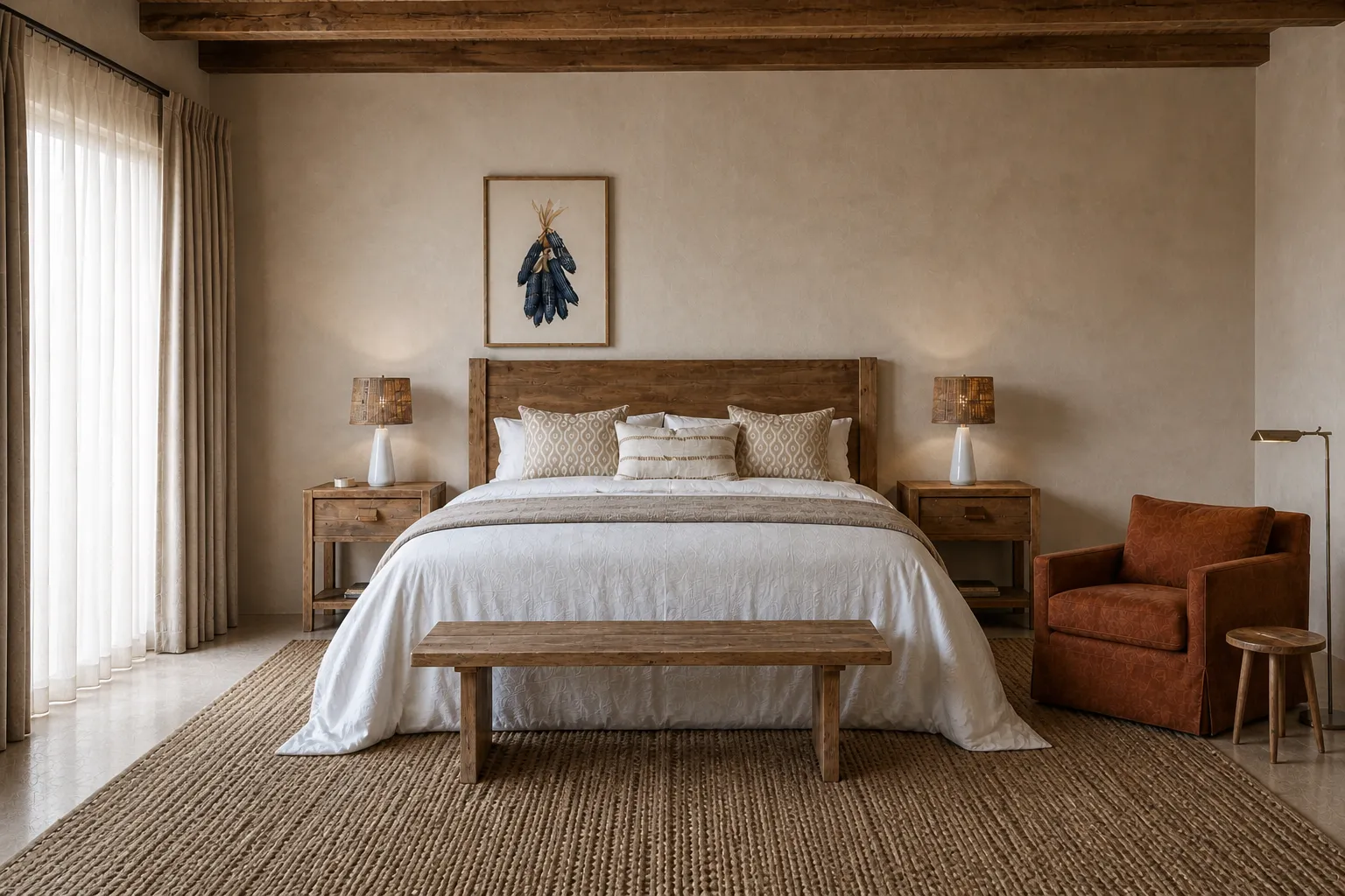 Styled guest bedroom with crisp white bedding, woven headboard, and bright natural light, ready for rental listing